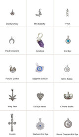 Pendant options are: Dainty Smily, Mini Butterfly, F*CK, Pave Crescent, Amethyst, Evil Eye, Fortune Cookie, Sapphire Evil Eye, Silver Zodiac, Mary Jane, Evil Eye Heart, Chrome Boobs, Crucifix, Starburst Evil Eye, Round Crescent Evil Eye, Jade Butterfly, Silver Teddy, Jade Dragon, Jade Mini Buddha, Pave Sword, Large Crystal Cross, Ankh, Large Jade Buddha