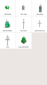 Pendant options are:   Dainty Smily, Mini Butterfly, F*CK, Pave Crescent, Amethyst, Evil Eye, Fortune Cookie, Sapphire Evil Eye, Silver Zodiac, Mary Jane, Evil Eye Heart, Chrome Boobs, Crucifix, Starburst Evil Eye, Round Crescent Evil Eye, Jade Butterfly, Silver Teddy, Jade Dragon, Jade Mini Buddha, Pave Sword, Large Crystal Cross, Ankh, Large Jade Buddha